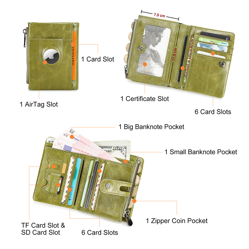 CONTACT'S Genuine Leather AirTag Wallets for Women RFID Card Holder Fashion Zipper Coin Purse Female Money Clip Women's Wallet