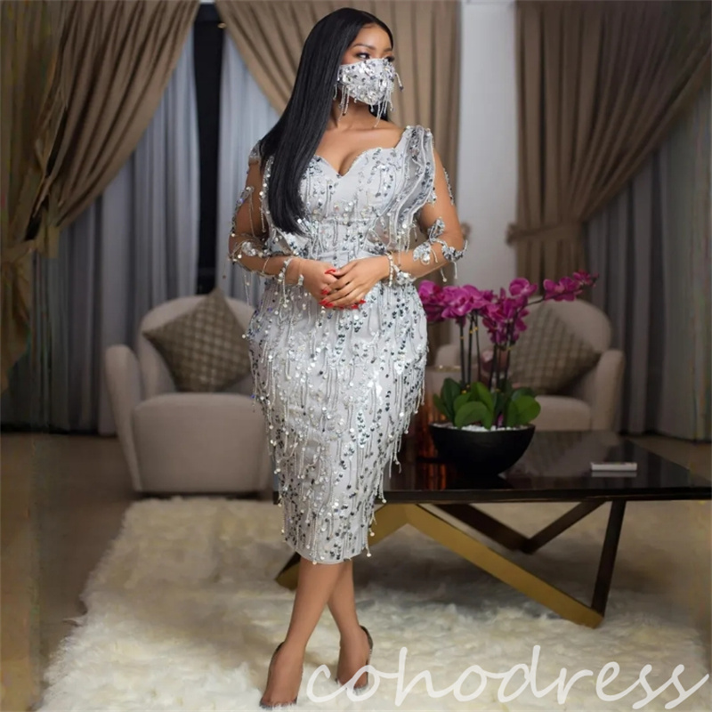 Chic Silver Aso Ebi Evening Dress For Black Girls Mermaid Long Sleeve Midi African Prom Dress Elegant Sequin Formal Cocktail Party Vestio De Gals Birt
