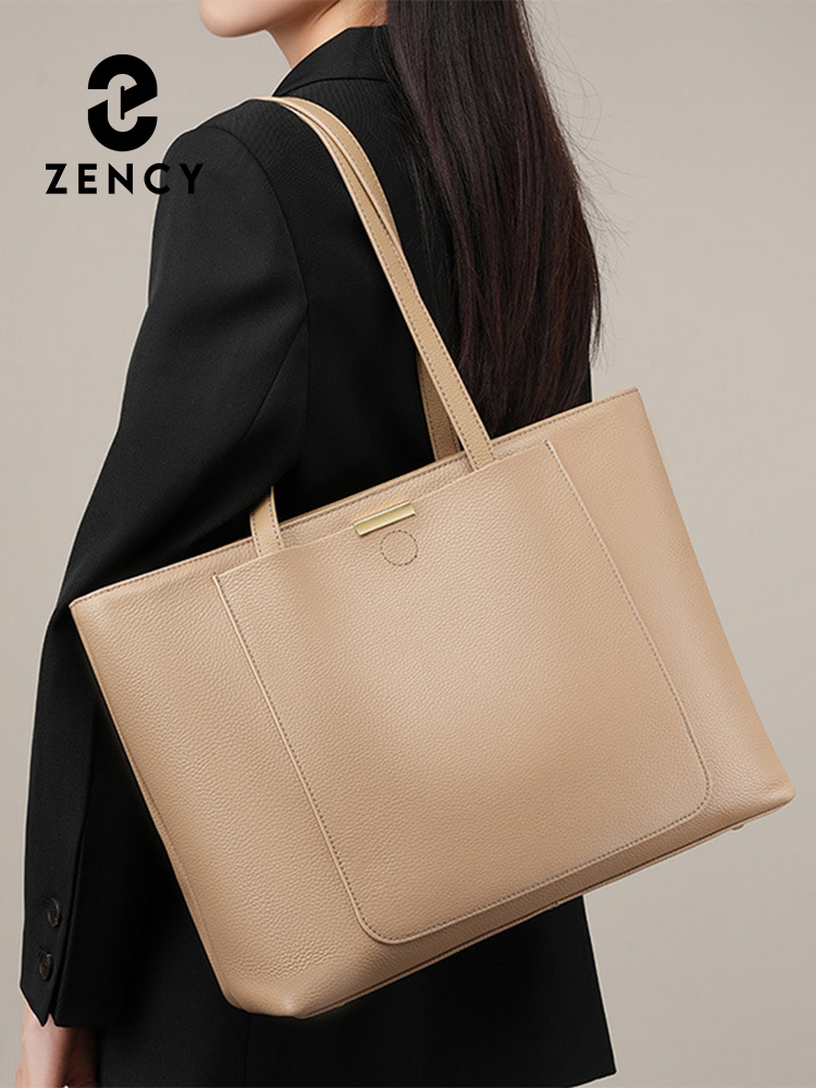 Zency Soft Cowhide Leather Women Shoulder Bag Tote Handbag Large Capacity Lady Shopping Bag Front Pocket For Notebook Phone iPad