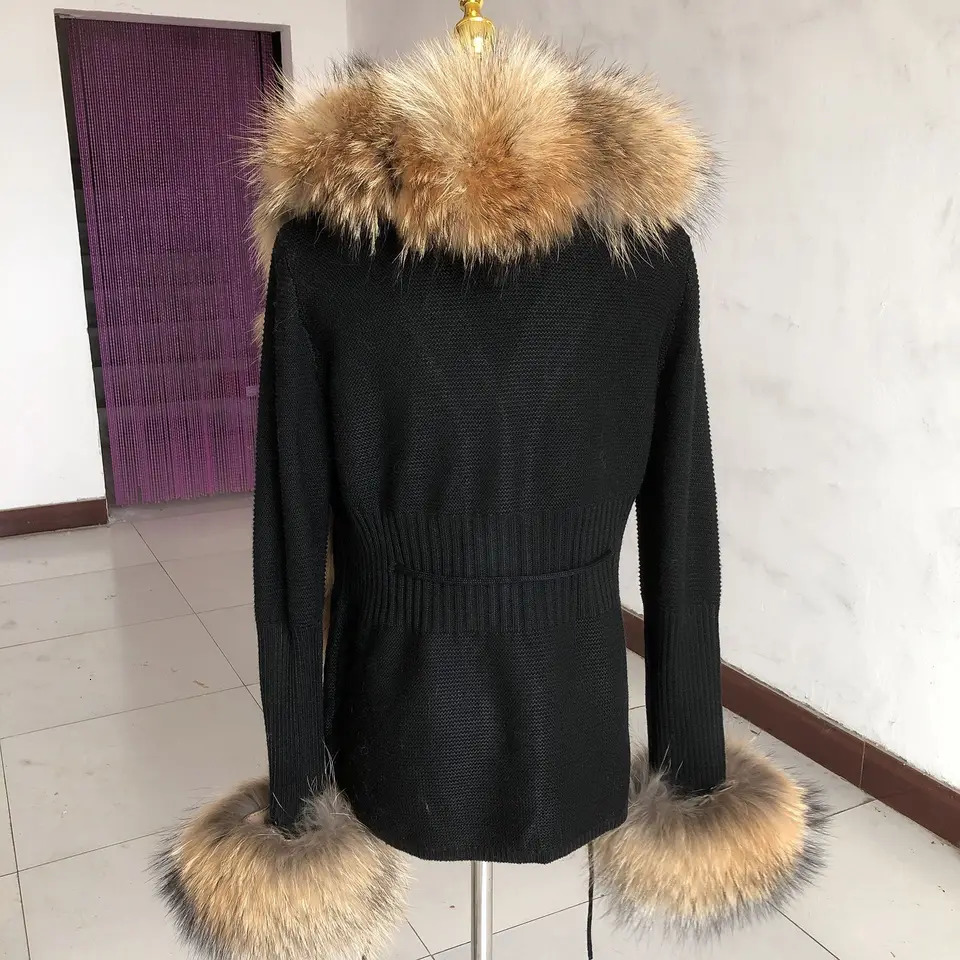 Womens spring and autumn sweater cardigan with fox fur collar fox fur leather jacket natural fox fur leather jacket 241107
