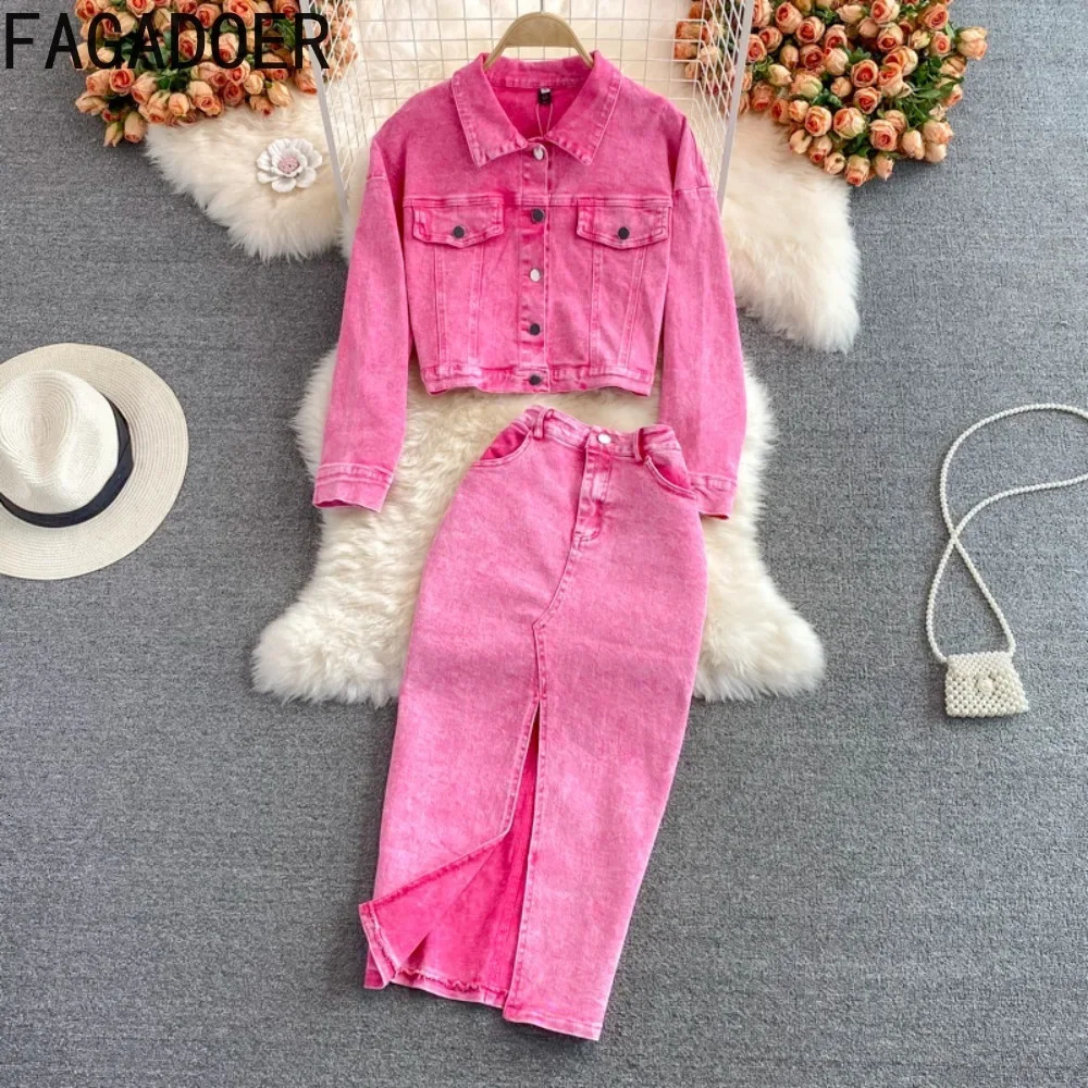 FAGADOER Pink Denim 2 Piece Sets Women Outfit Fashion Lapel Buttons Crop Jacket and High Waist Denim Skirt Suits Y2K Streetwear 241107