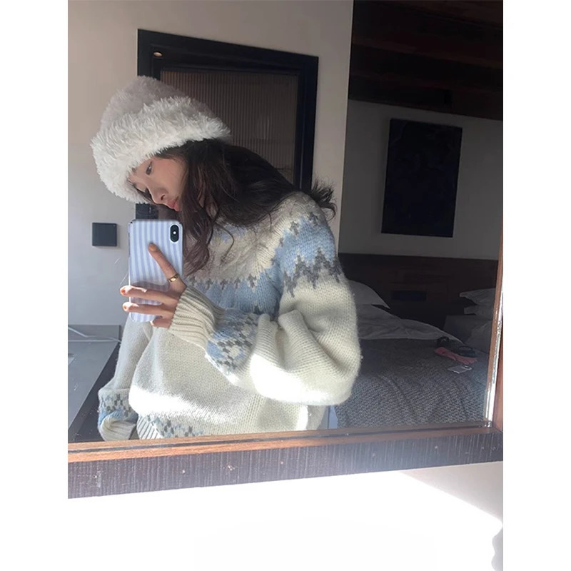 Vintage Print Sweater Women Japanese Harajuku Oversized Knitted Pullovers Winter Aesthetic Long Sleeve Jumpers Korean Knitwear 241107