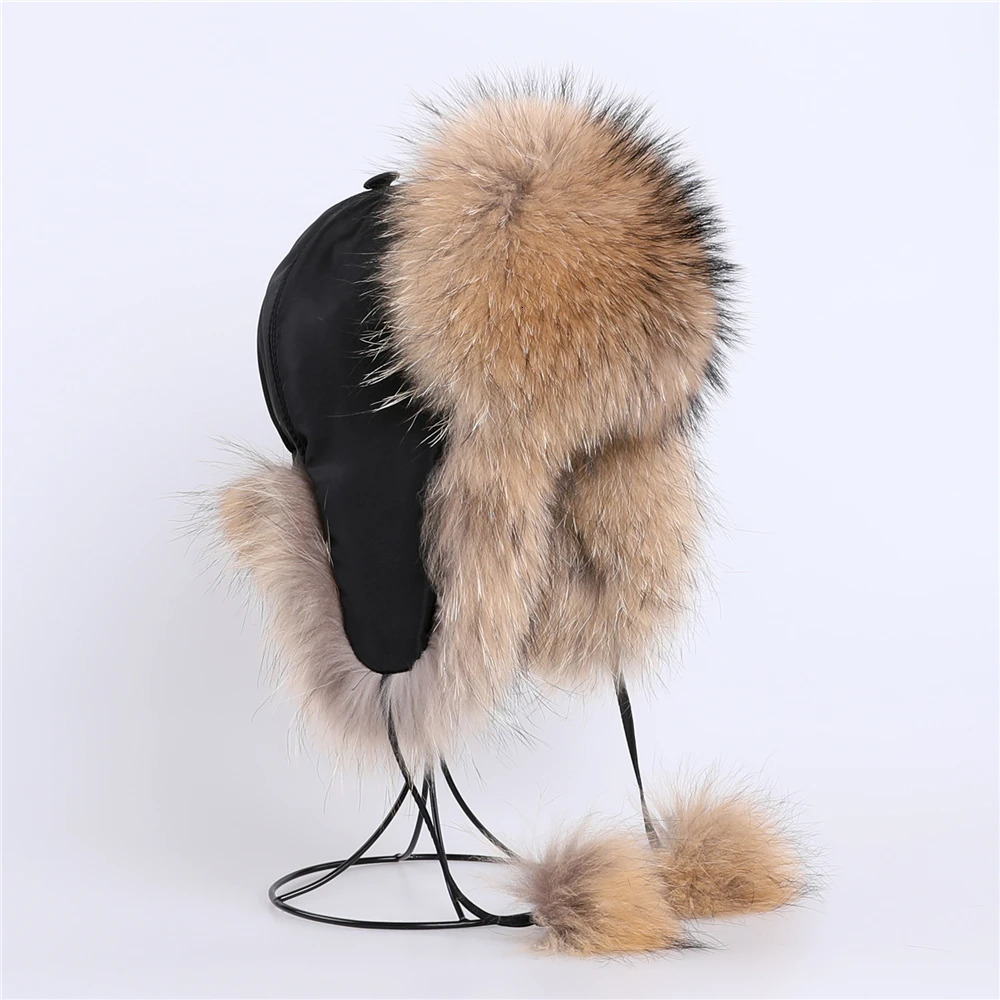 100% real fox fur hat womens Russian Usanka pilot hunter ski hat winter raccoon fur bomber hat 241106