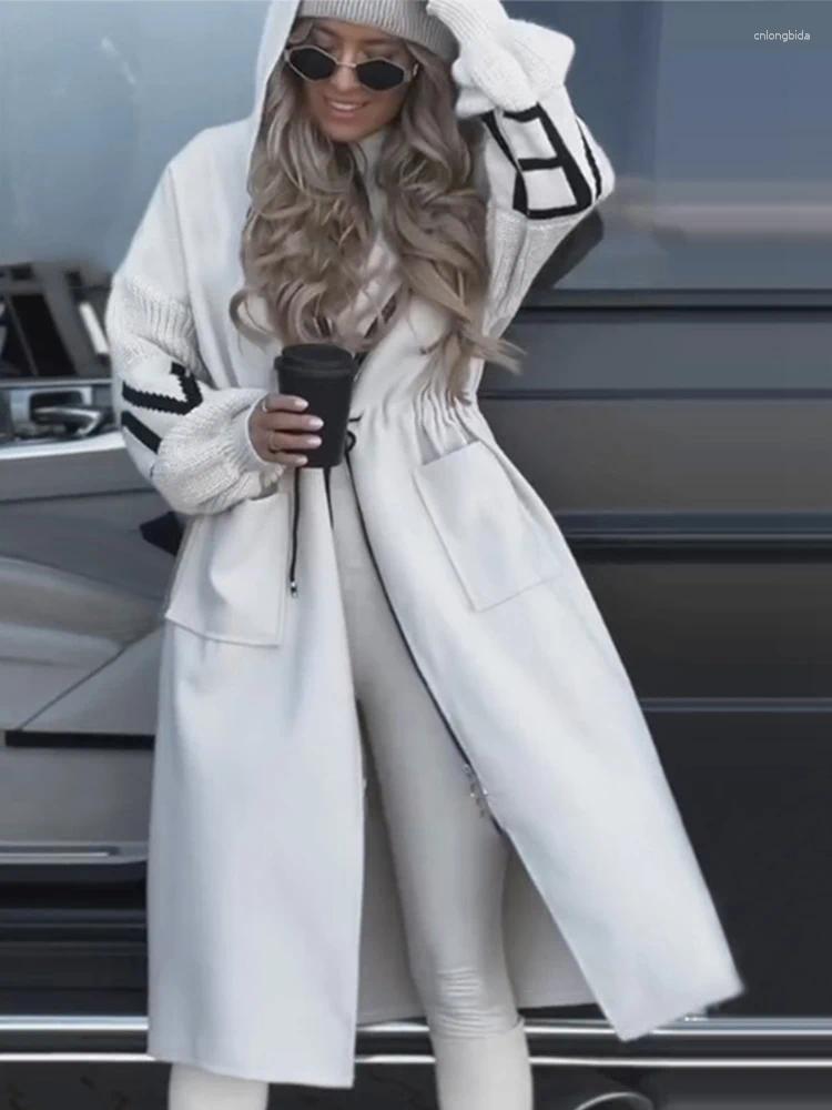Womens Trench Coats Long Women Solid Casual Hoodies Lace Up Letter Sleeves Pockets Female Top 2024 Autumn Winter Eleagnt Lady Outerwears