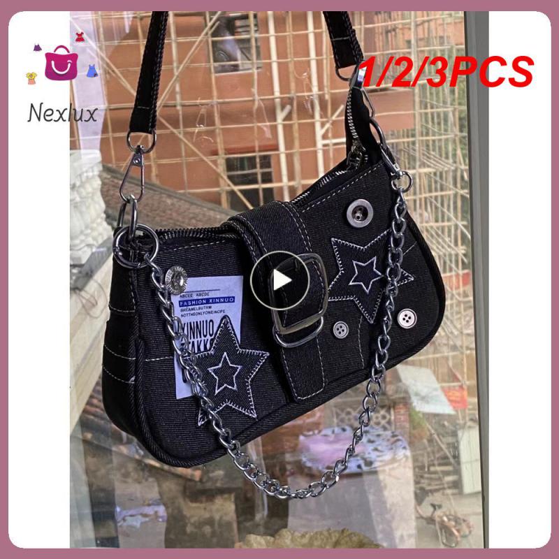 1/2/3PCS Y2k Fashion Women's Handbags Stars Pattern Cool Underarm Bag Fashion Canvas Female Small Shoulder Bags Chain Tote