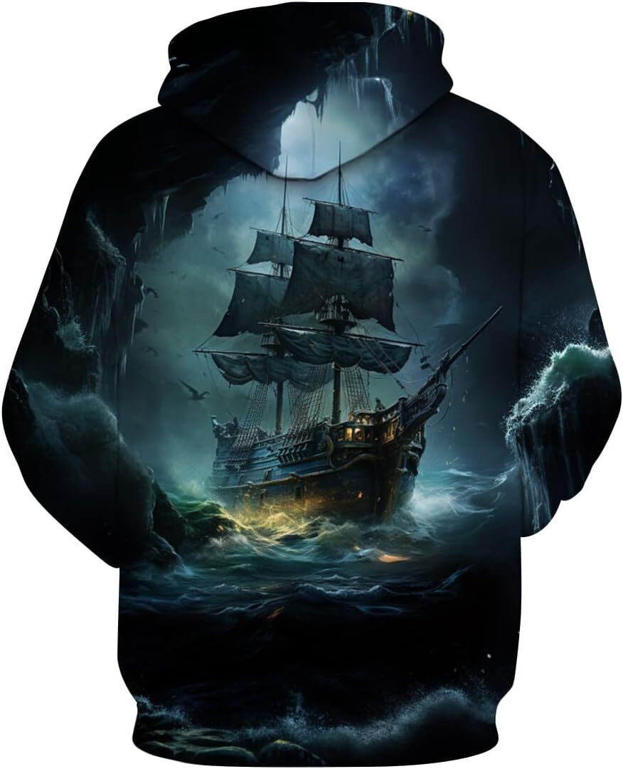 Hoodie for Mens Womens Funny Pirate Hoodie Pirate Ship Graphic Sweatshirt Graphic Hoodies sweatshirt Pullover Long Sleeve Cool pirate ship pattern