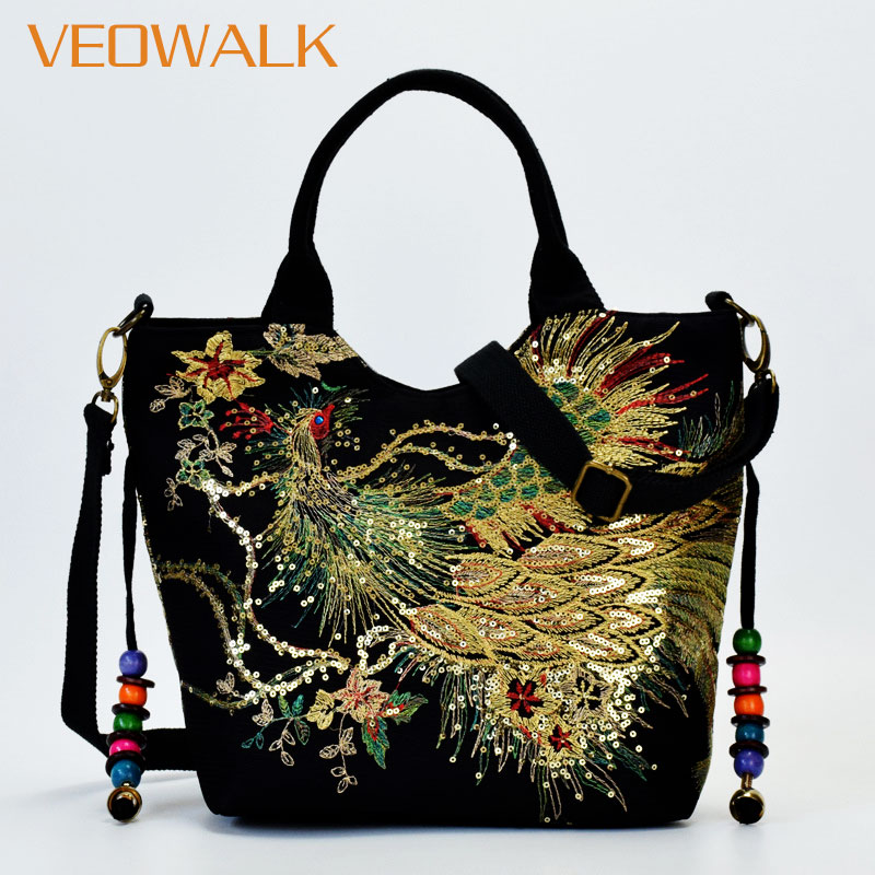 Veowalk Shiny Sequins Peacock Embroidered Women Canvas Totes Bag, Summer Shopping Shoulder Bag Vintage Beaded String Handbag