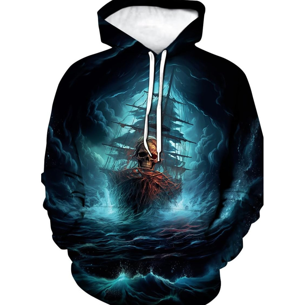 Hoodie for Mens Womens Funny Pirate Hoodie Pirate Ship Graphic Sweatshirt Graphic Hoodies sweatshirt Cool blue pirate ship pattern