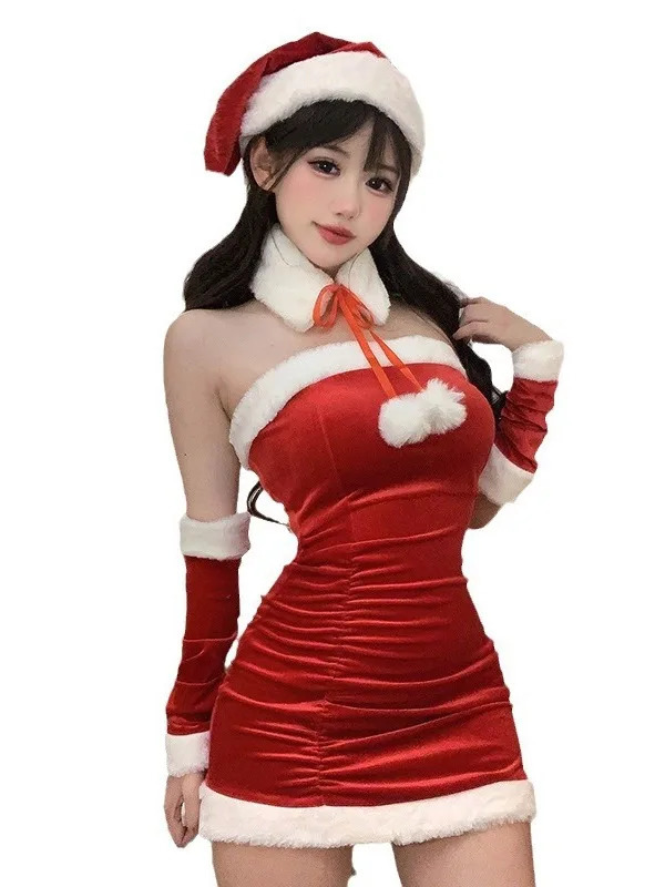 Fashionable and sexy Korean womens Christmas decoration short skirt elegant velvet sexy female role-playing Halloween performance dress 6BVH 241106