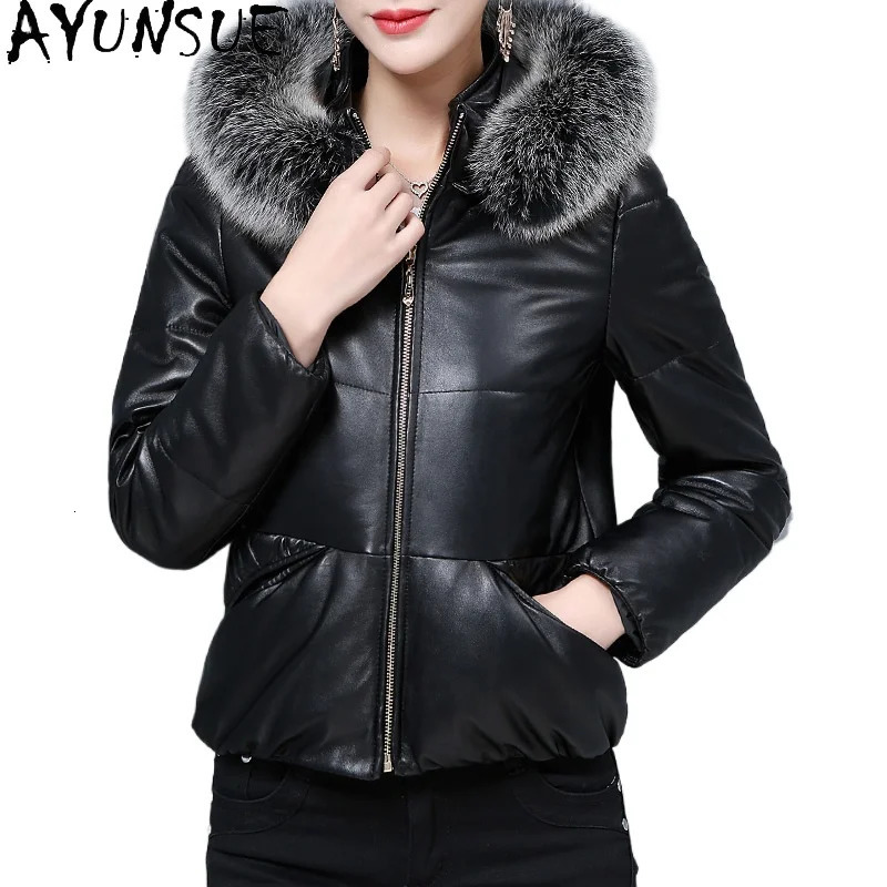 AYUNSUE Sheepskin Puffer Jacket Womens Coat Winter Coat Leather Jacket Fox Fur Collar Casaco 241107