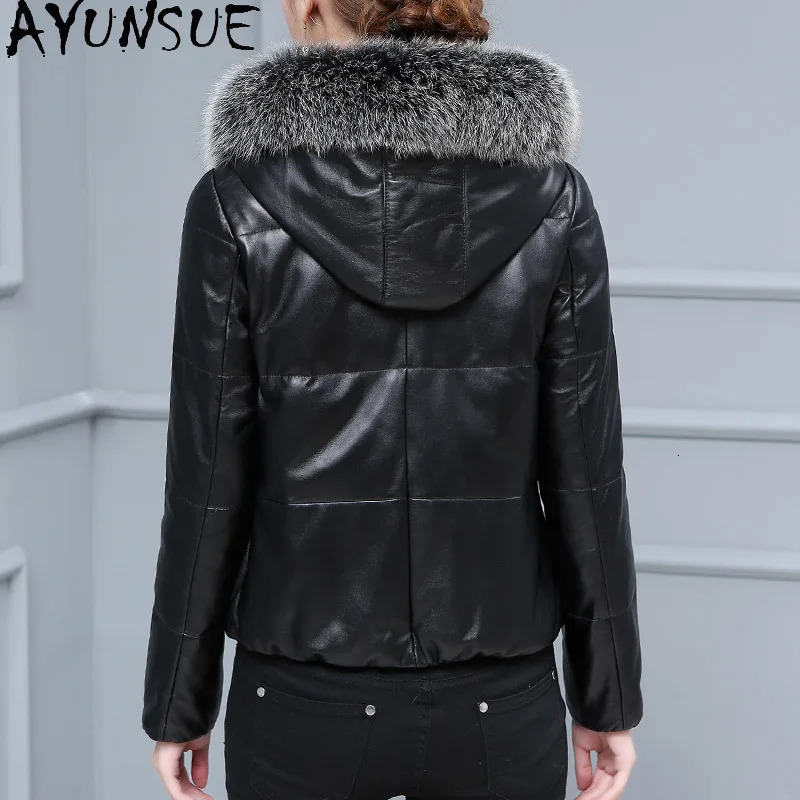AYUNSUE Sheepskin Puffer Jacket Womens Coat Winter Coat Leather Jacket Fox Fur Collar Casaco 241107