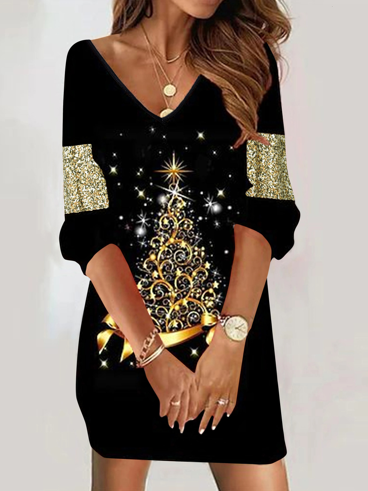 Fashionable and casual V-neck Christmas printed womens clothing 241106