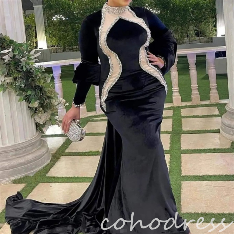Amazing Velvet Evening Dresses Elegant High Neck Beaded Mermaid Prom Dress Long Sleeve Plus Size Arabic Dubai Formal Dress Custom Made Vestio de Noche