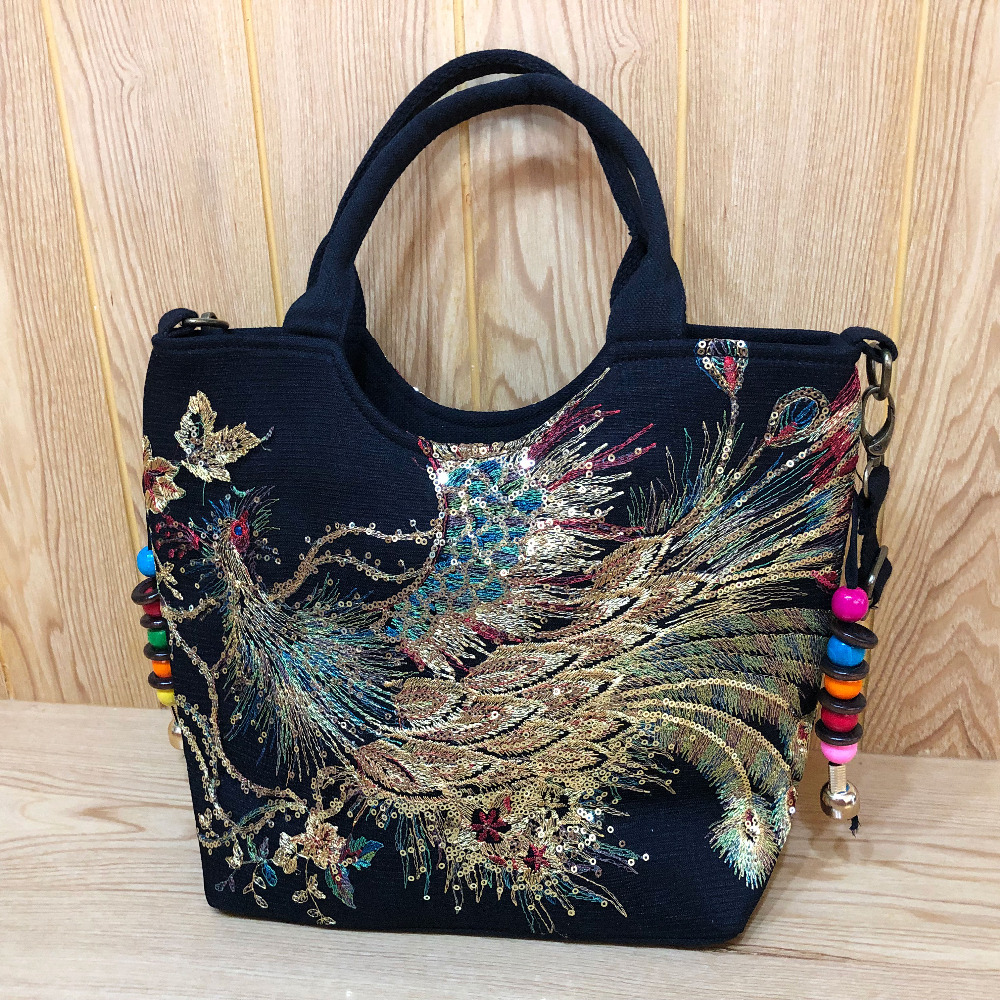 Veowalk Shiny Sequins Peacock Embroidered Women Canvas Totes Bag, Summer Shopping Shoulder Bag Vintage Beaded String Handbag