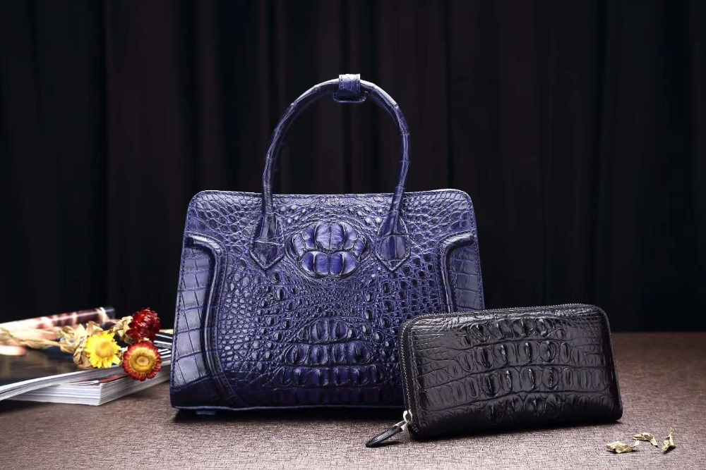 Medium size 100% genuine crocodile skin leather women shoulder bag dark blue color alligator head skin women tote cross body bag