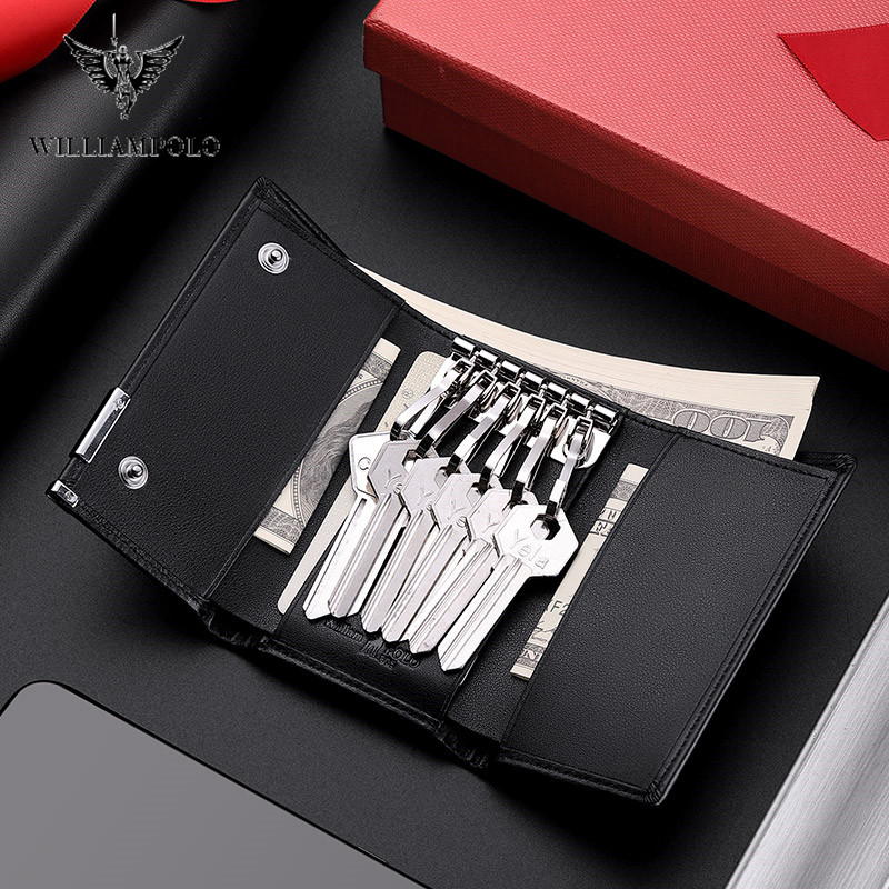 WILLIAMPOLO Cow Leather Men Key Holder House Keychain Bag Organizer Car Key Case Pouch Multifunctional Small Wallet Mini Purse