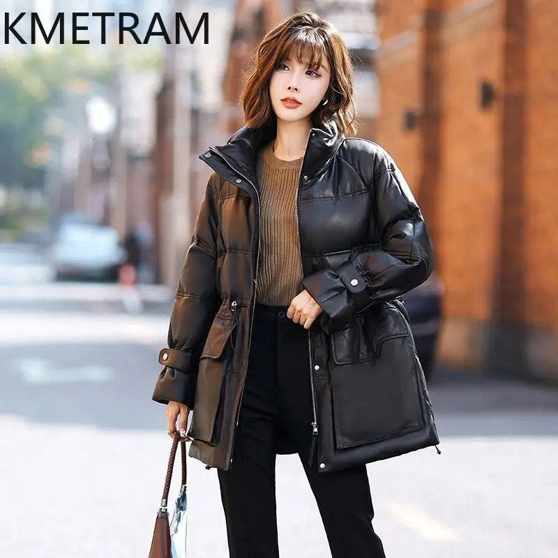 100% sheepskin leather inflatable jacket womens clothing retro waist jacket winter black loose jacket 241107
