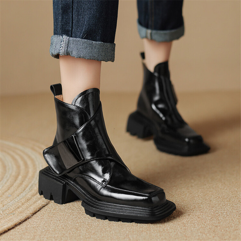 New Winter Split Leather Square Toe Chunky Heel Platform For Women High Heels Short Boots Concise Ladies Shoes