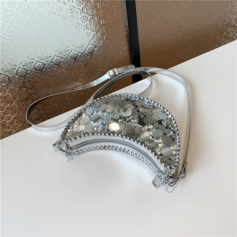 Glitter Sequin Crescent Bag Bling Fashion Handbag Sparkly Trendy Crossbody Bag PU Leather for Women Wedding Prom Cocktail Party