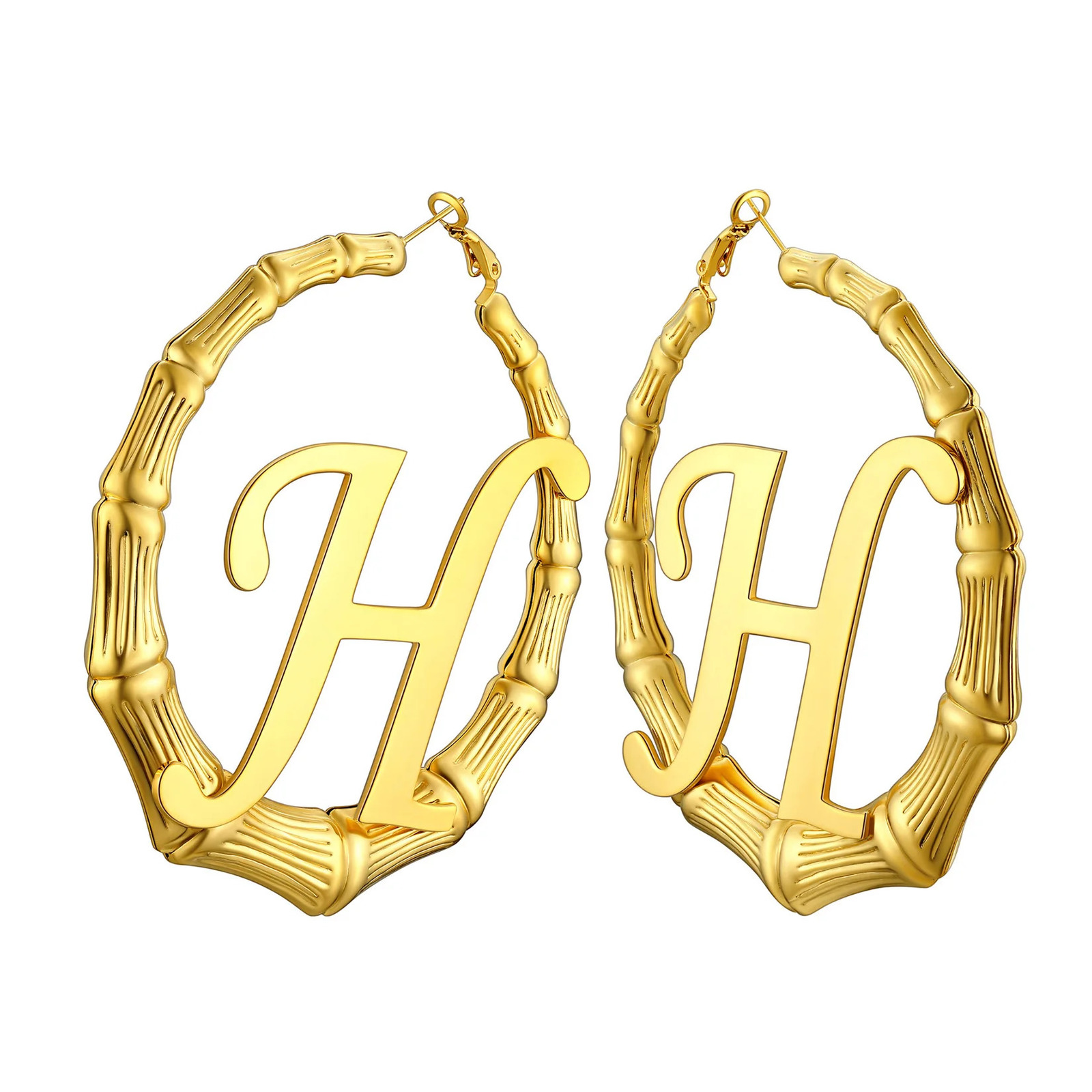 U7 large 40/60/70/80mm custom letter bamboo hoop earrings suitable for womens personalized name jewelry BFF girlfriend birthday gift 241106