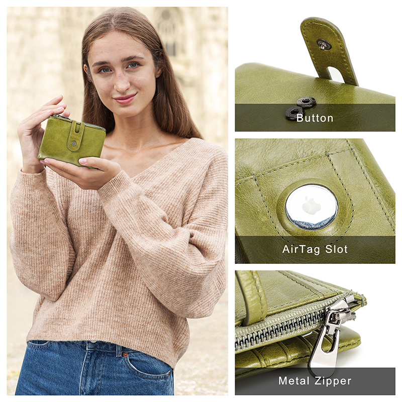 CONTACT'S Genuine Leather AirTag Wallets for Women RFID Card Holder Fashion Zipper Coin Purse Female Money Clip Women's Wallet