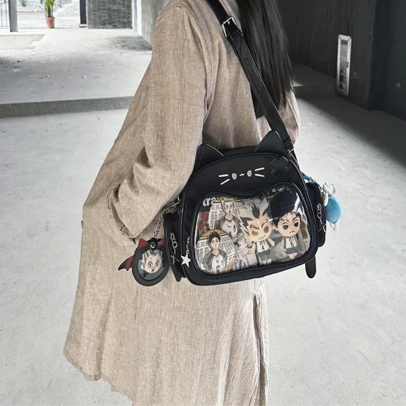 Suitable for womens white backpack Y2K Korean Kawaii cat Ita bag PU cute girl transparent pocket aesthetic shoulder cross body bag 241106