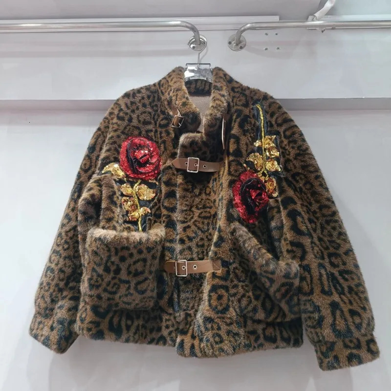 Winter Artificial Fur Integrated Jacket Womens Short sleeved Stand up Collar Leopard Pattern Eco friendly Mink Coat 241107
