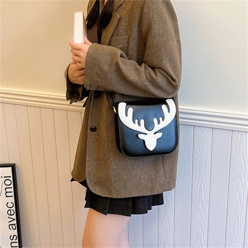 Fashionable Christmas reindeer pattern shoulder bag for women small PU bag cross shaped mobile phone bag for girls casual full matching messenger hand