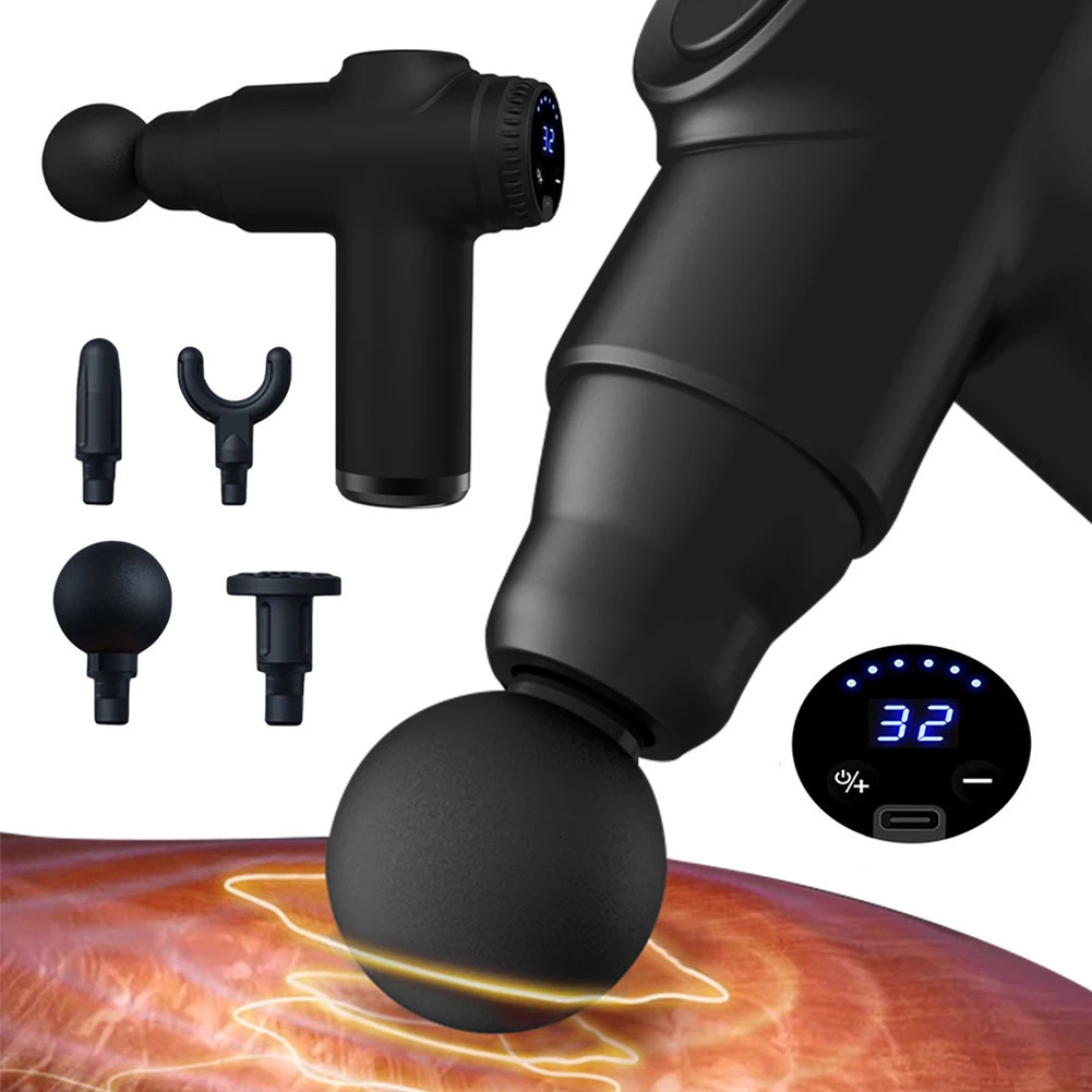 Electric Chiropractor Body Massager 30 Speeds Muscle Gun with 4 Heads Percussion Massage Device LCD Display for Athletes 241106