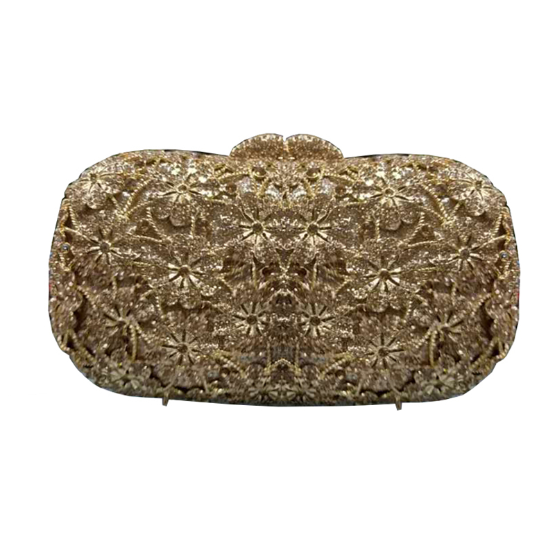 Nigeria metal decoration small flower shape crystal bag with metal clutch oval design ladies party banquet handmade bag