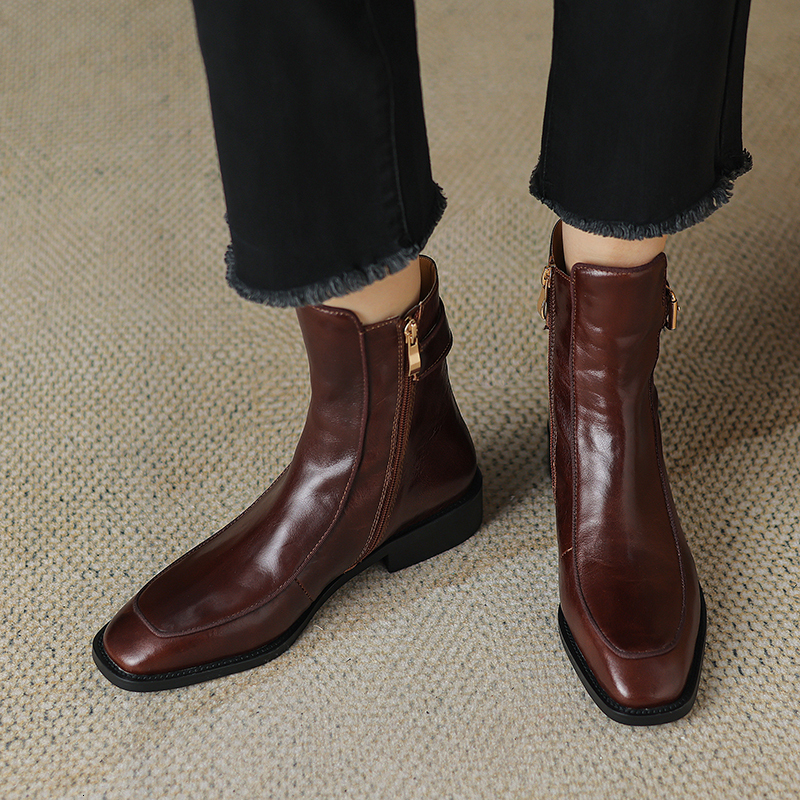 2024 New Autumn Square Toe Low Heel Women Shoes Genuine Brown Ankle Block Retro Leather Boots