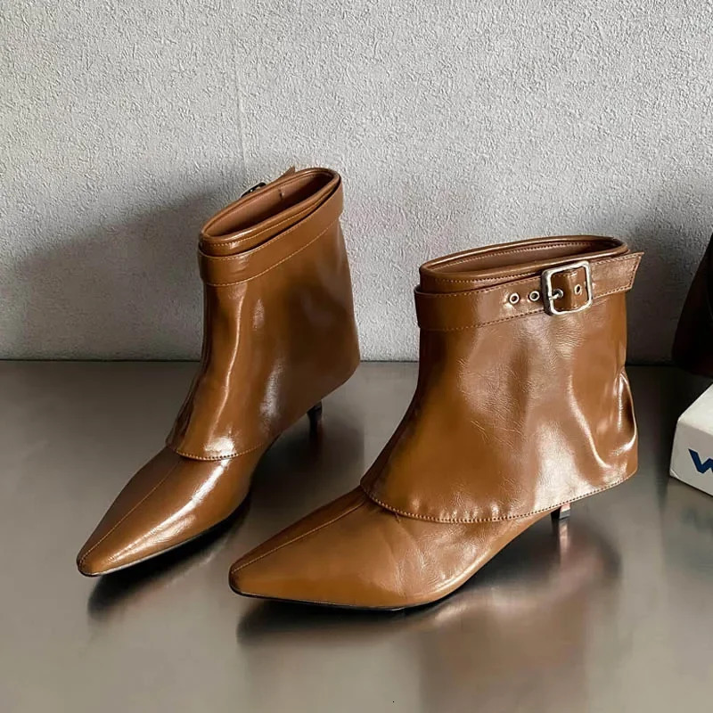 Eilyken belt buckle womens ankle boots style Pointed toe thin high heels autumn winter short boots 241106