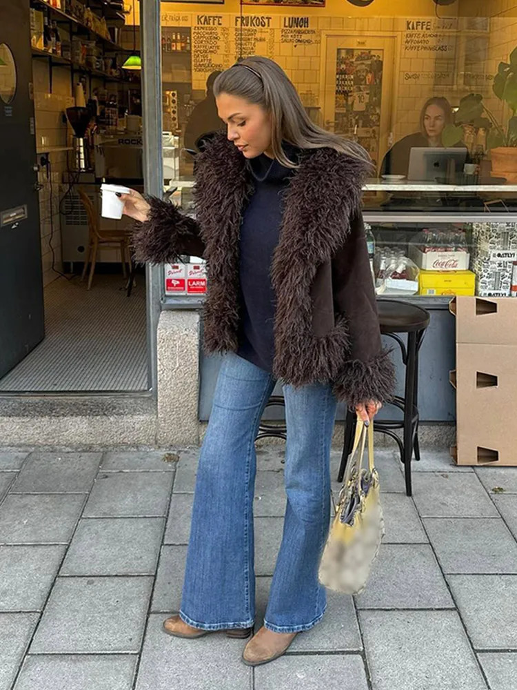 Vintage Coffee Faux Fur Spliced Coats Women Fashion Lapel Long Sleeve Thick Warm Jacket Autumn Winter Female Warm Streetwear 241107