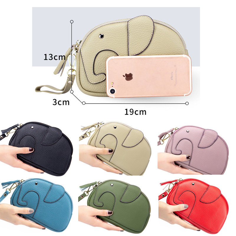 Cute Elephant Clutch Bag Leisure Fashion Portable Circular Round Genuine Leather Wallet Solid Color Zipper Coin Holder Purse New