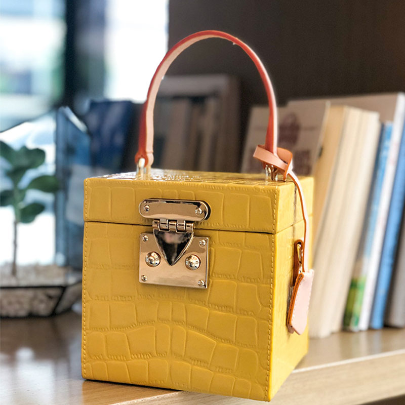 Vintage colorful hard case bag genuine leather shoulder bag women lock bag case fashion small box ladies crossbody bag