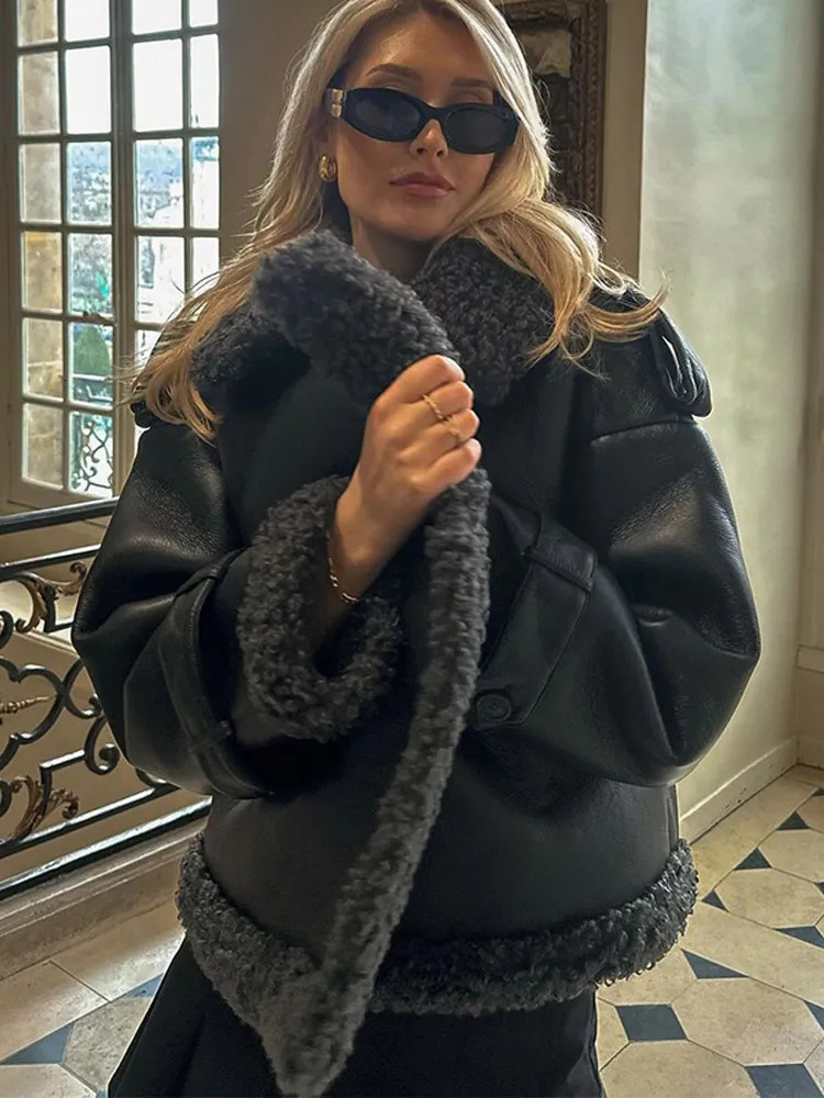 Casual solid lace patchwork jacket suitable for womens fashion warm collar long sleeves cropped jacket winter womens long street jacket 241107