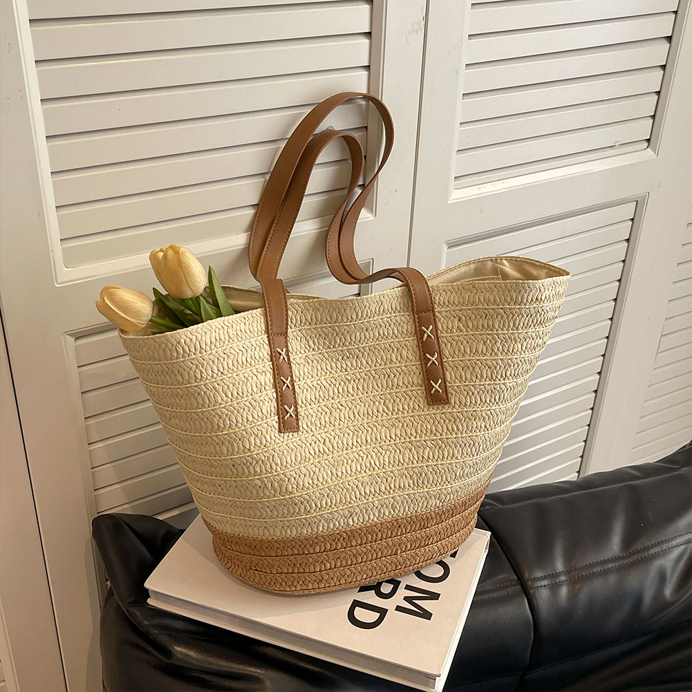 Striped Straw Beach Bag Large Woven Summer Handbag with Zipper Closure Casual Tote Bag Top Handle Bag for Women Outdoor Vacation