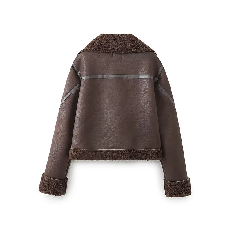 Winter womens retro brown synthetic wool cut bicycle jacket warm jacket 241107