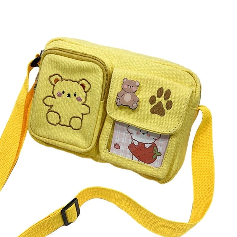 & Compact Canvas Shoulder Bag Bag with Bear Embroidery for Teens