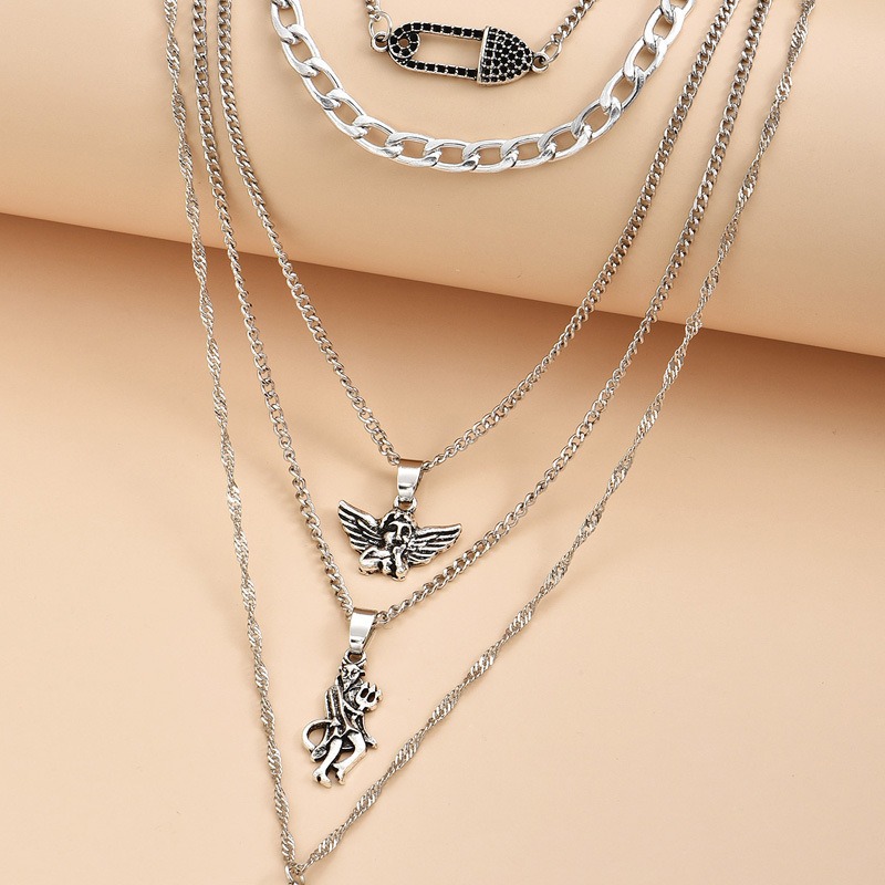 European and American Retro Popular Metal Chain Layered Necklace New Antique Silver Devil Angel Pearl Pendant Multi-layer Necklace