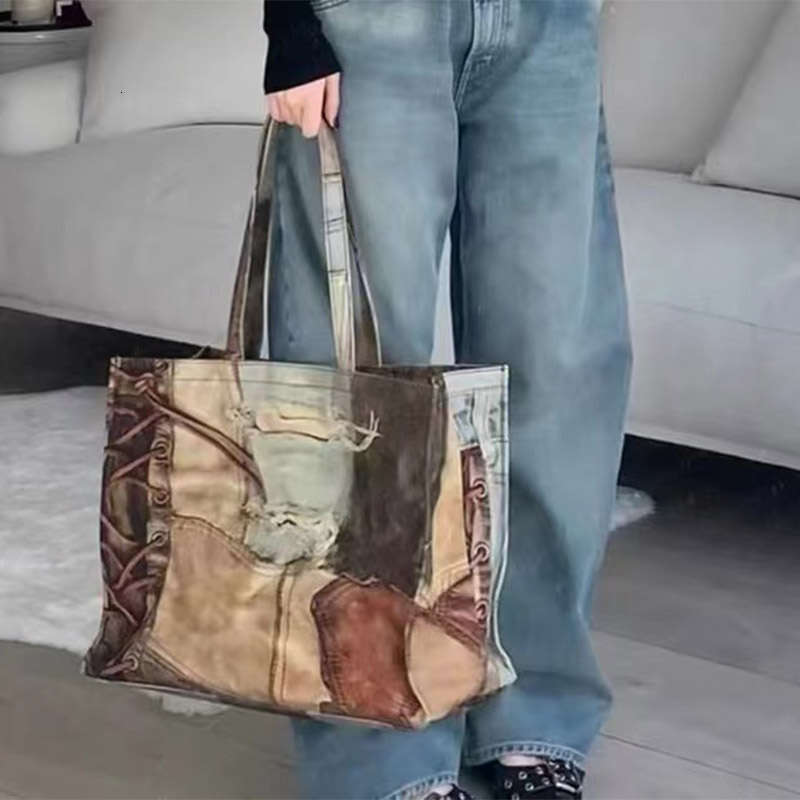 2024 OLOEY Spring and Summer New Retro Distressed Printed Shopping Casual Canvas Large Tote Mommy Women's Fashion Bag
