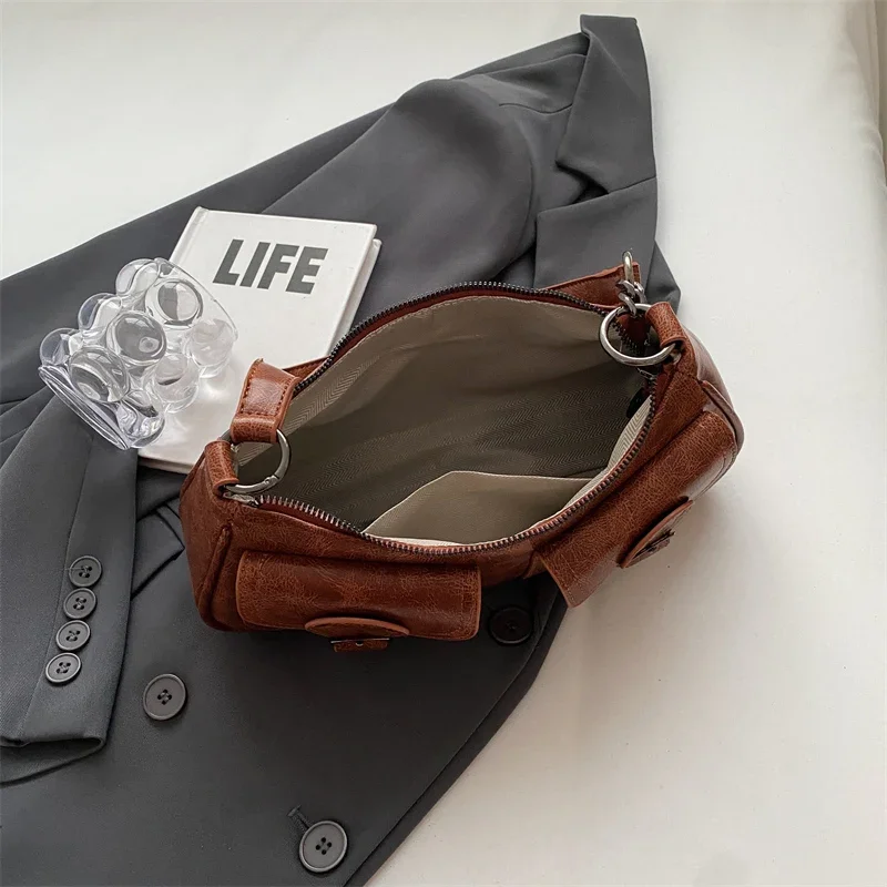 LEFTSIDE Fashion Double Pockets Design PU Leather Shoulder Bag For Women 2023 Tend Female Crossbody Bag Underarm Bags Handbags