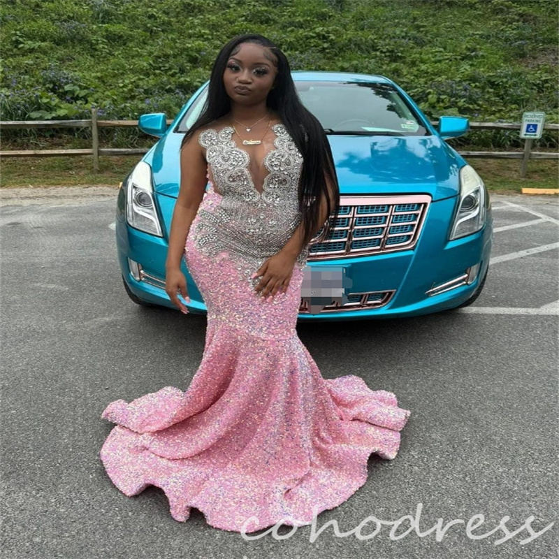 Pink Sequin Prom Dresses Plus Size Luxury Rhinestone Beaded Mermaid Evening Gowns Sleeveless Black Girls African Birthday Dress Pageant Party Vestio F
