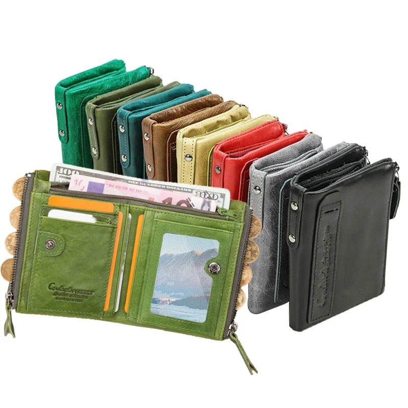 Genuine Leather Wallets for Women Men Short Bifold Fashion Green Purses Card Holder Coin Purse Money Clip Banknote Clutch Wallet