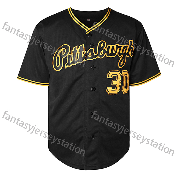 In Stock Men's #30 Pittsburgh Embroidered Baseball Jersey 100% Polyester, V-Neck, Slight Stretch Fabric, Letter and Number Pattern,Loose Fit Knit