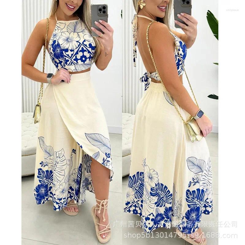 Women's Two Piece Pants Tropical Print Halter Top & Slit Skirt Set Dress Sets Women Long Crop Maxi Work Summer Matching