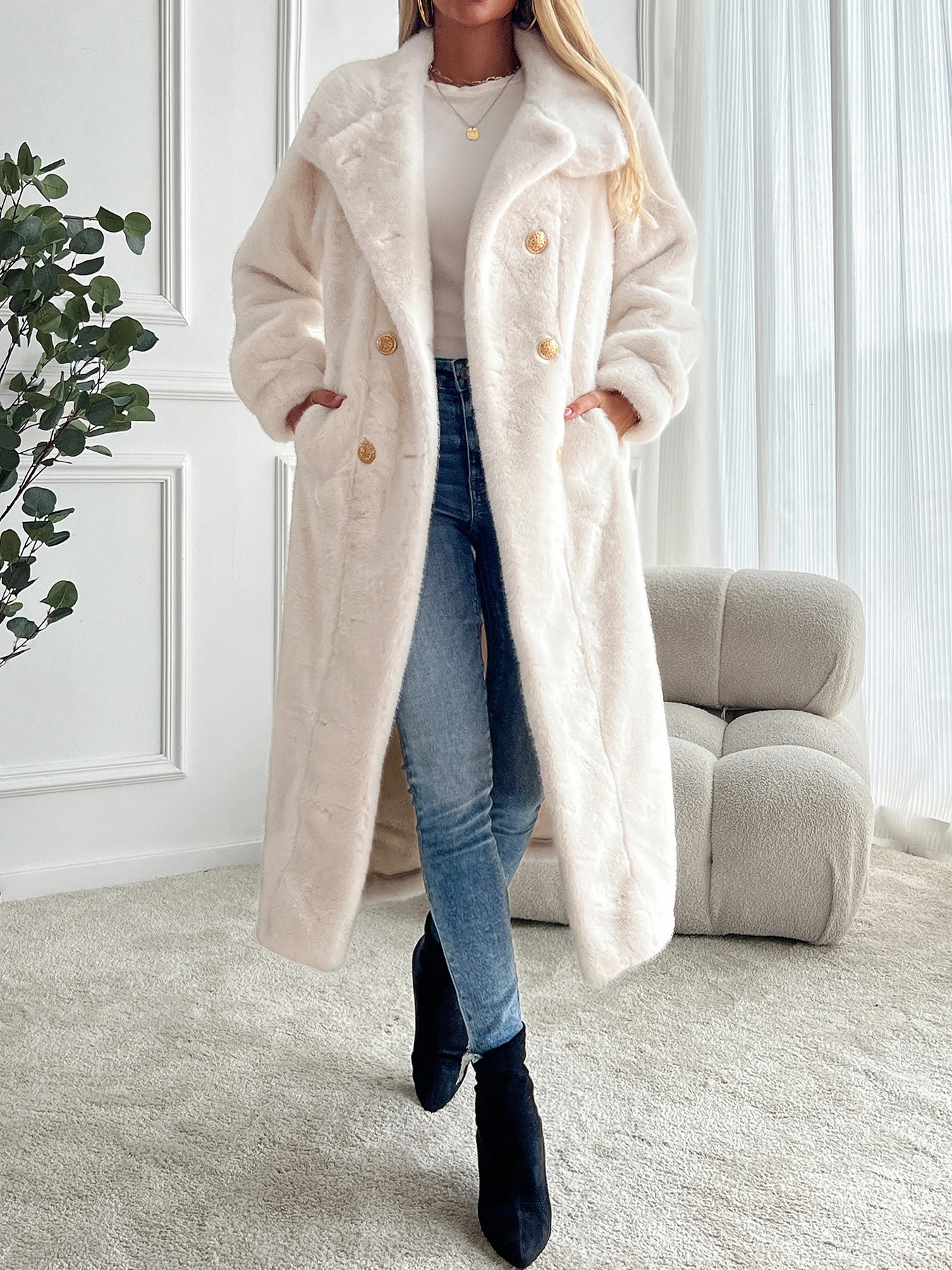 Artificial fur coat long coat womens lapel double-layer loose warm high-end atmospheric coat jacket for autumn and winter 24 241107