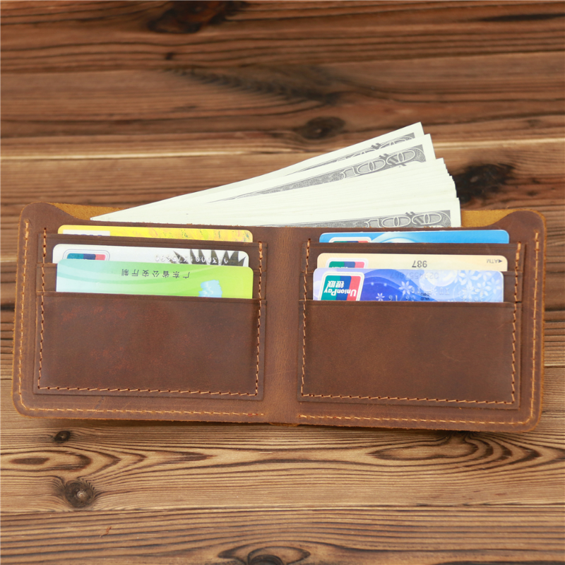 Genuine Crazy Horse Leather for Men Short Wallet Vintage Male Small Purse Luxury Brand Designer Man Credit Card Holder Wallets