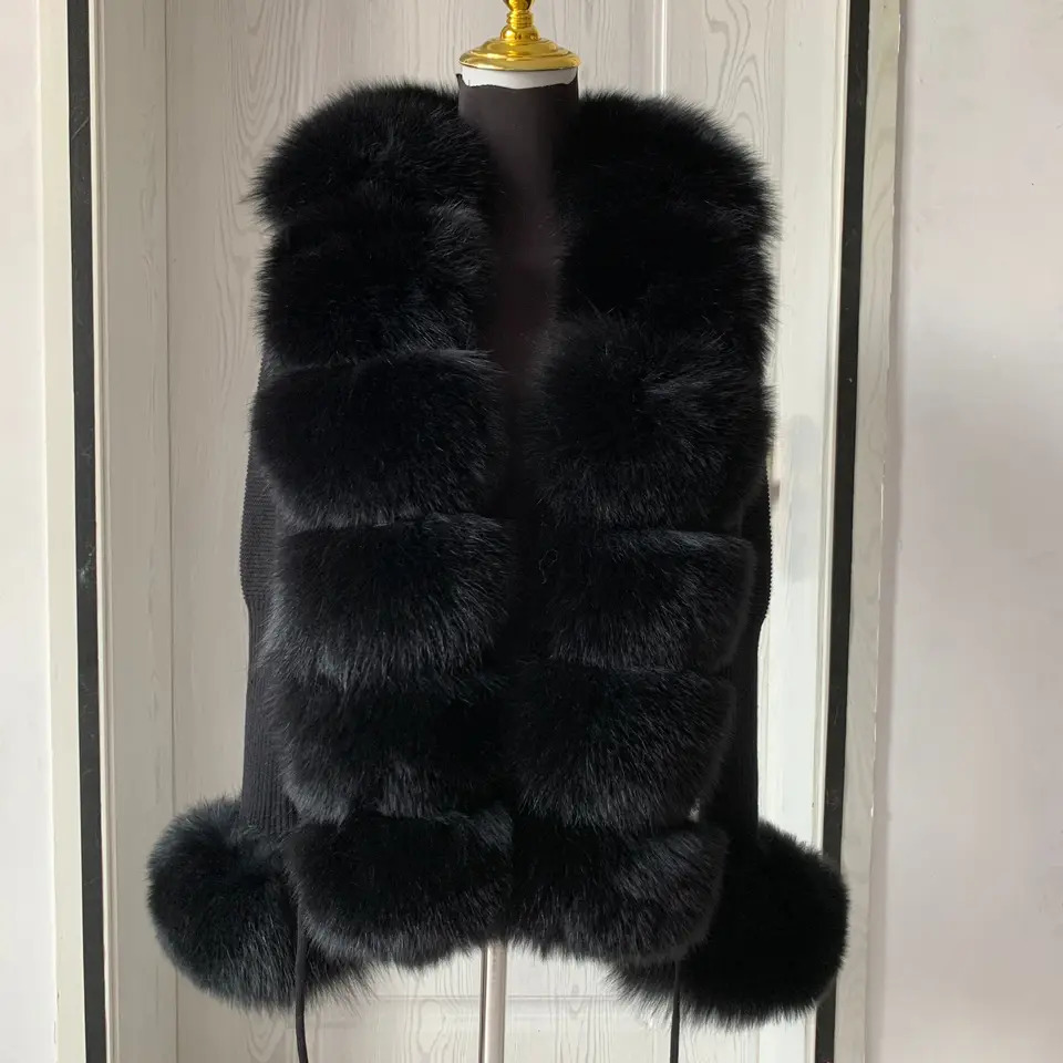 Womens spring and autumn sweater cardigan with fox fur collar fox fur leather jacket natural fox fur leather jacket 241107