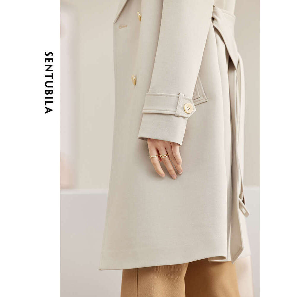 SENTUBILA Double-Lapel Belted Trench Women Spring Autumn 2024 Business Style Double-Breasted Mid-Length Long Coat 141F53208